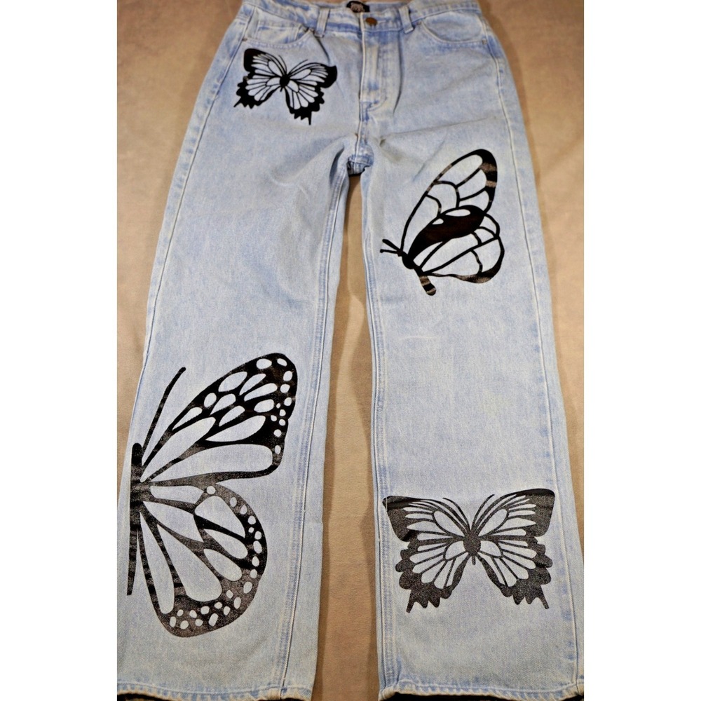 Simple Society Jeans Women's 7/28 Light Blue Denim Butterfly Graphic Print